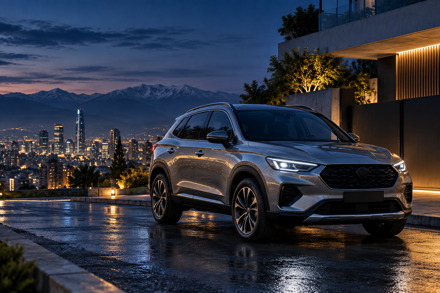 Imagen ilustrativa de un SUV en una calle de Santiago al atardecer